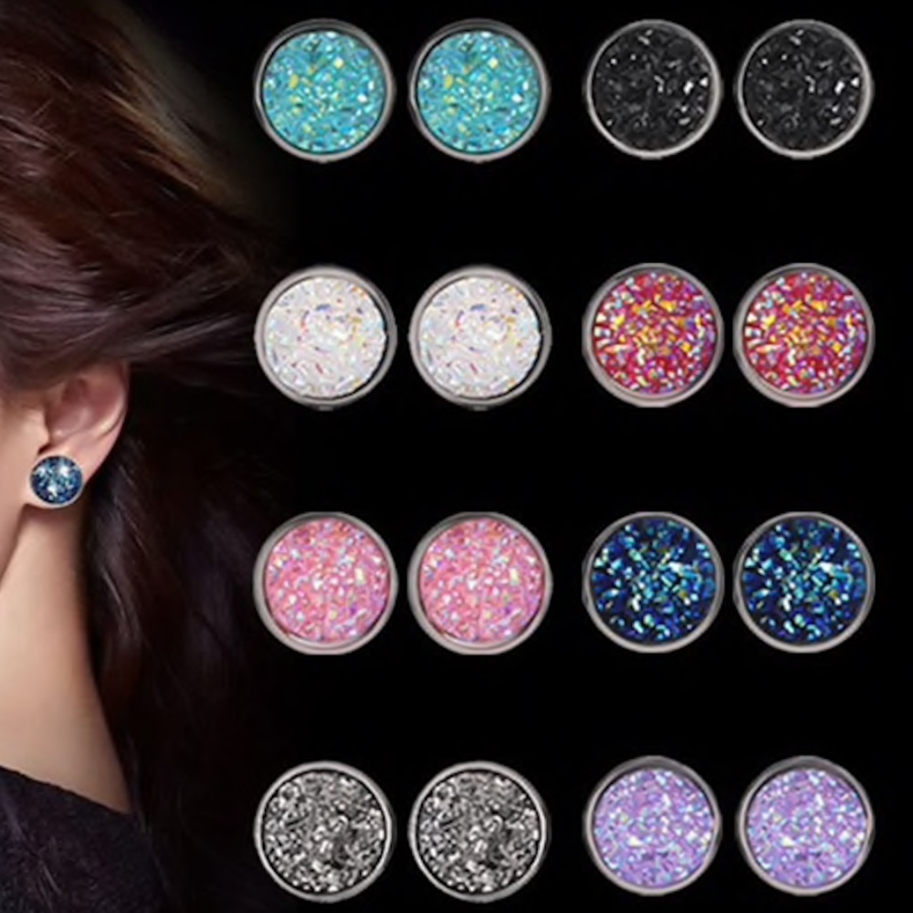 Druzy Opal White Crystal Round Silver Studs - Picture 2 of 6